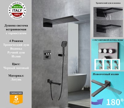 Душевая система скрытого монтажа c термостатом Gristo Black Termo GBT-5064-2 черный матовый 1931